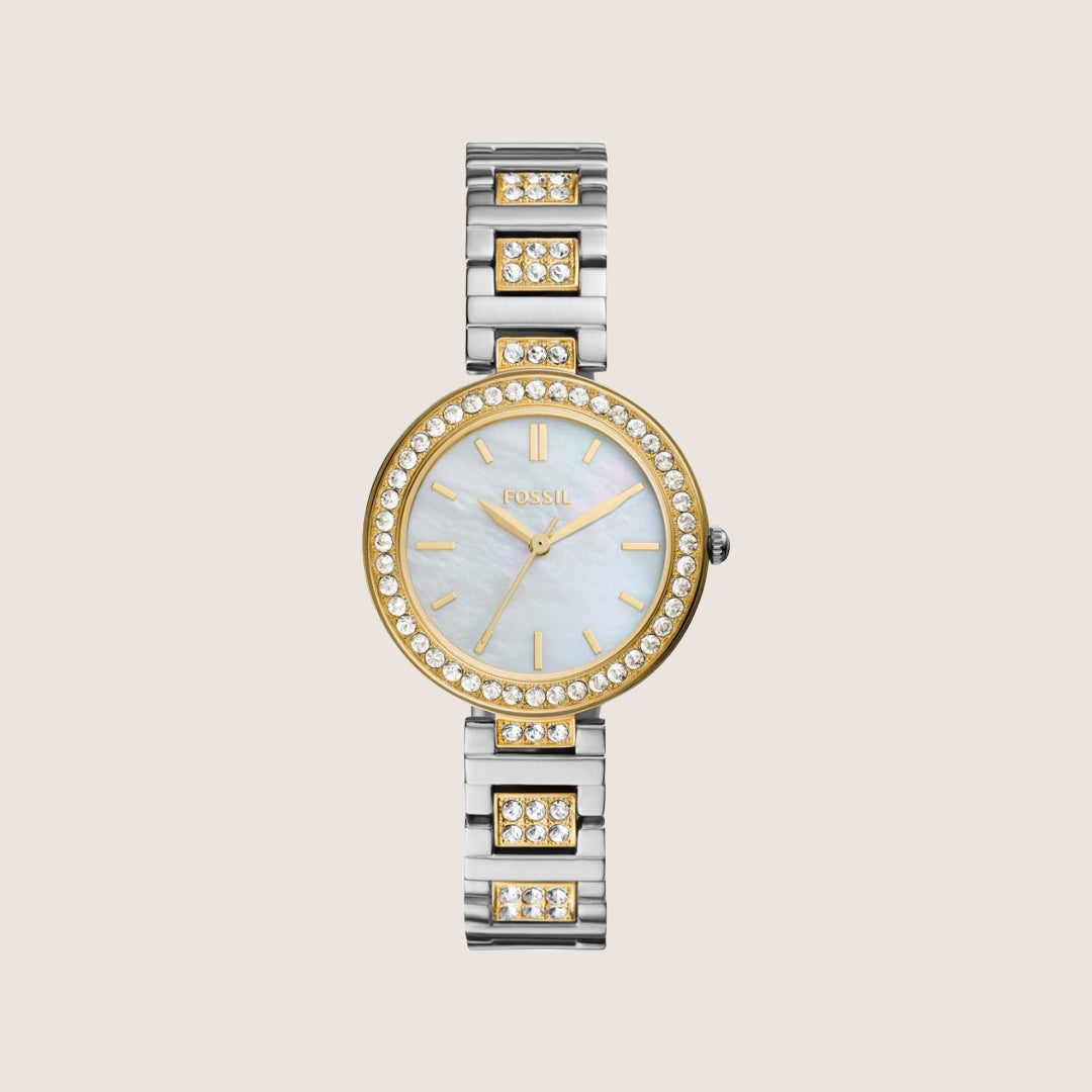 Fossil Women's Karli Gold Mother-of-Pearl Crystal Bracelet Analogue Watch BQ3884