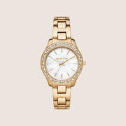 Michael Kors Women's Liliane Clear Stone-Set Mother Of Pearl Dial Watch MK4555