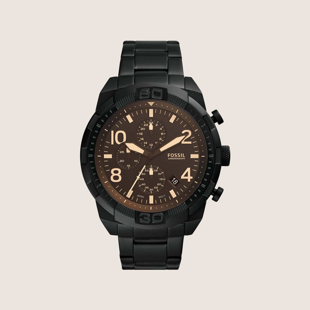 Fossil Mens Bronson Brown Chronograph Black Steel Watch FS5876