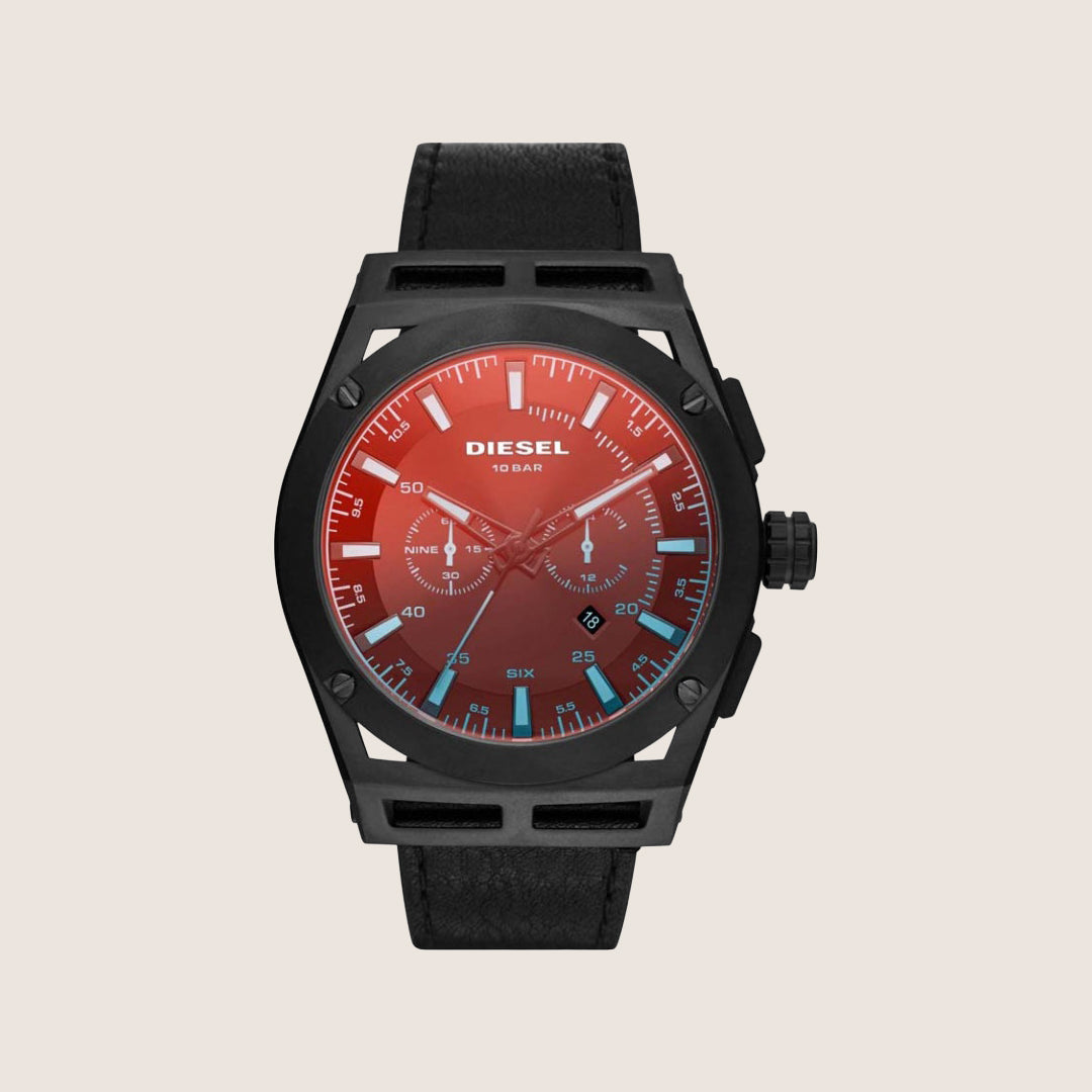 Diesel Mens Timeframe Chronograph Multicolour Dial Black Leather Strap Watch DZ4544
