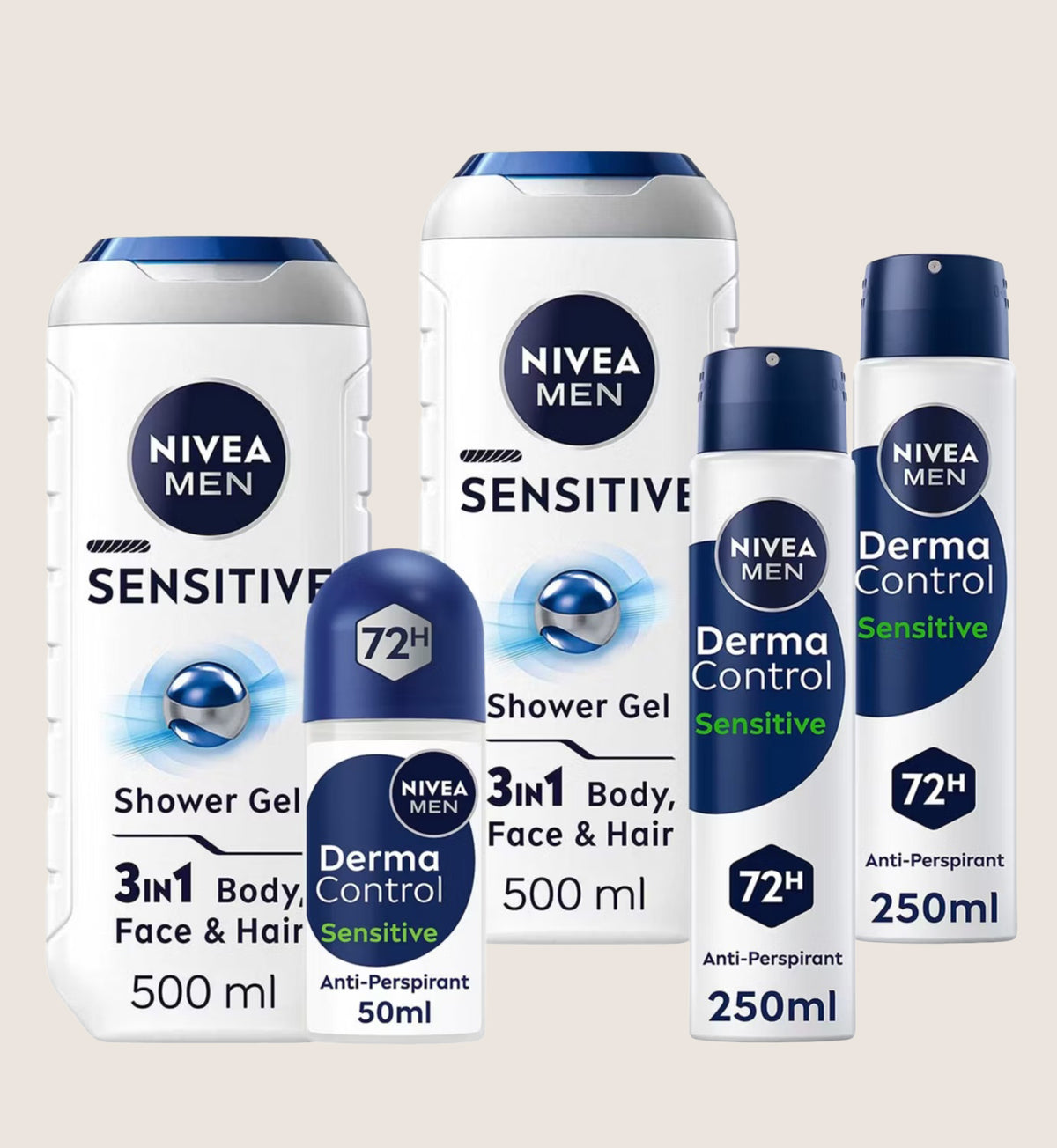 NIVEA Men Derma Control Sensitive Bundle Shower Gel, Roll-On & Antiperspirant 2 x 500ml + 1 x 50ml + 2 x 250ml