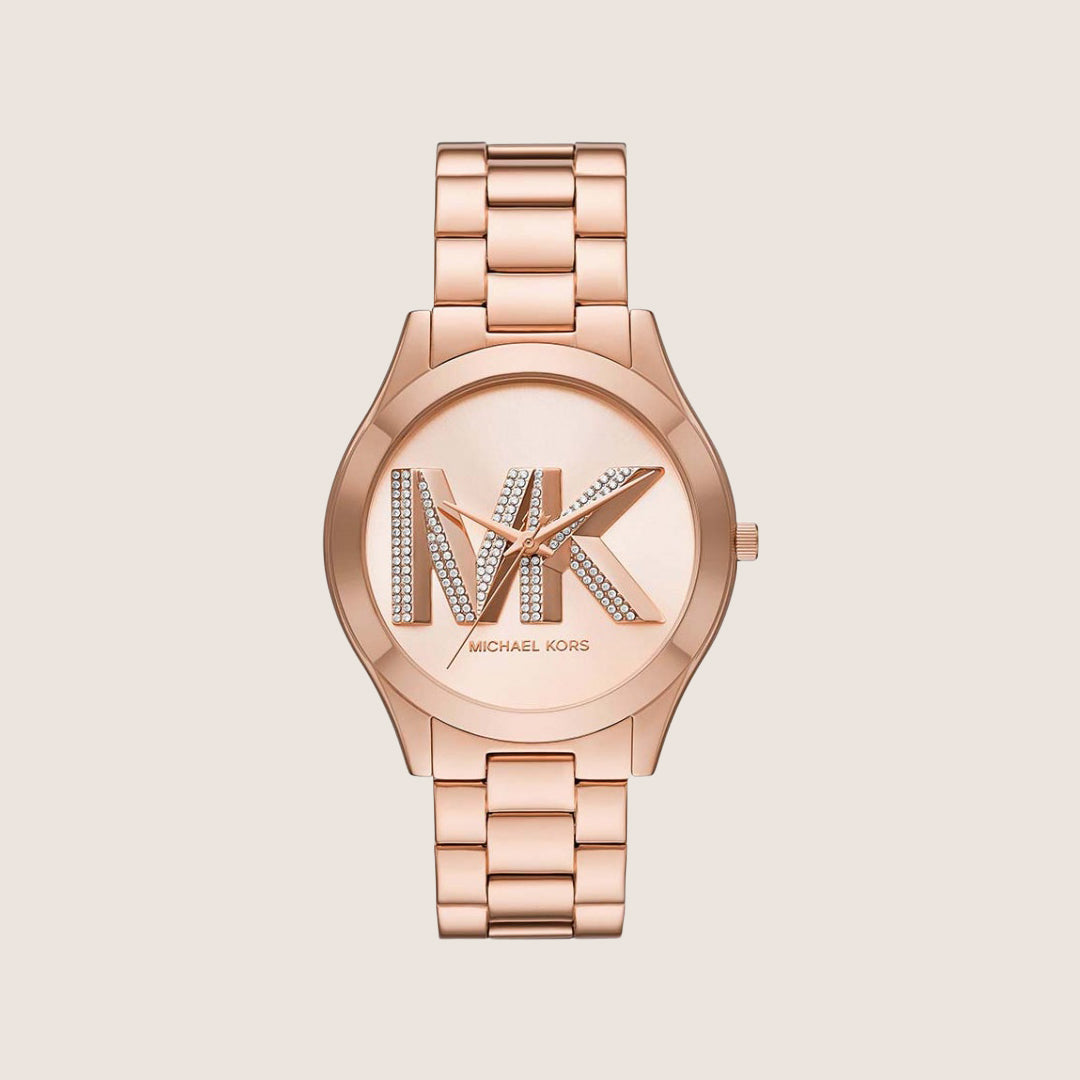 Michael Kors Women's Slim Runway Clear Stone-Set Rose Gold Dial Watch MK4733