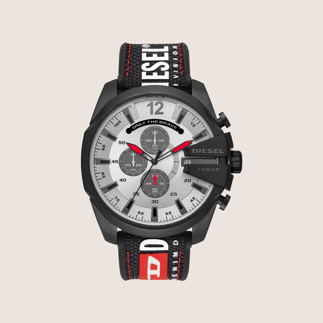 Diesel Mens Mega Chief Chronograph Silver Dial Textile Strap Watch DZ4512