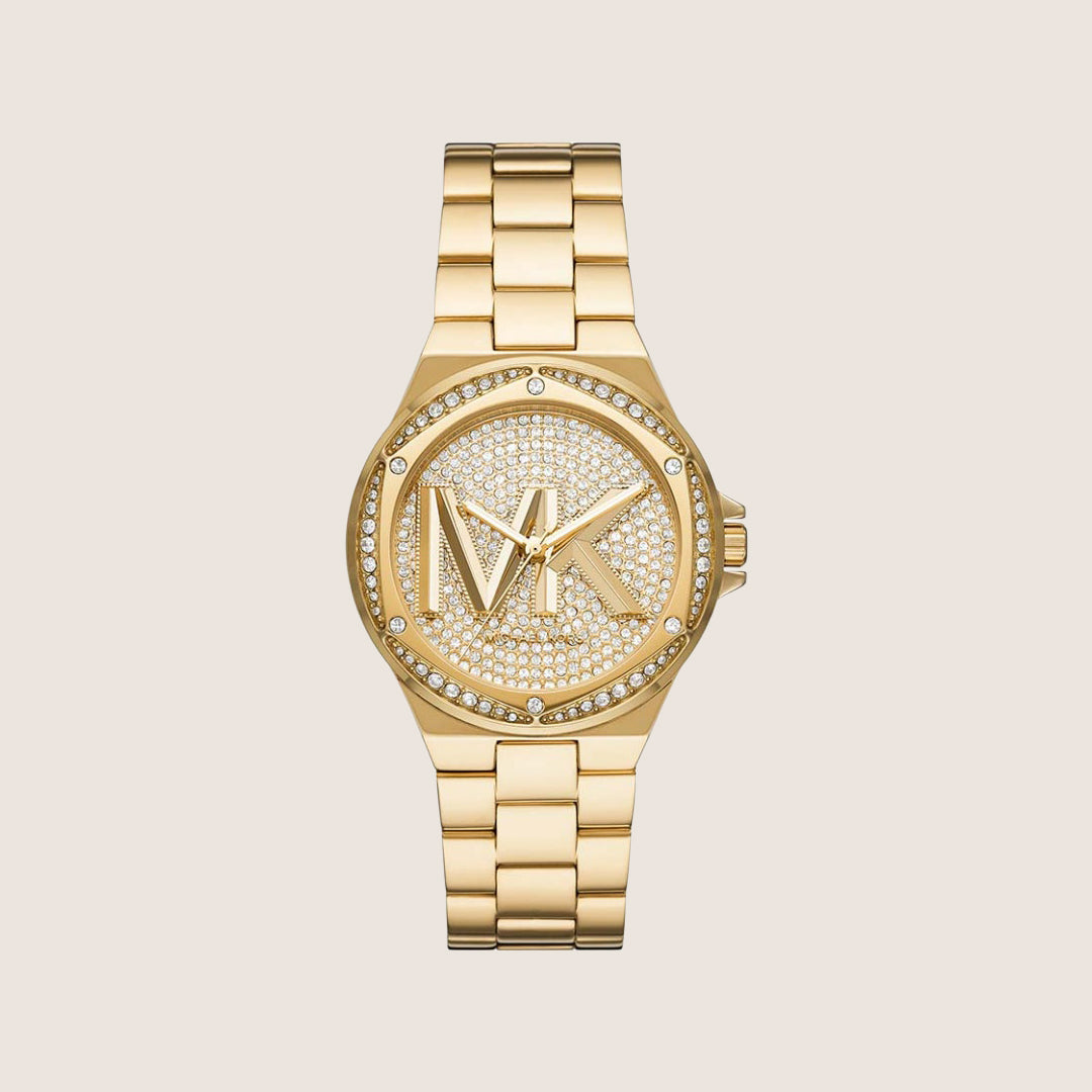 Michael Kors Women's Lennox Clear Stone-Set Gold Dial Watch MK7229