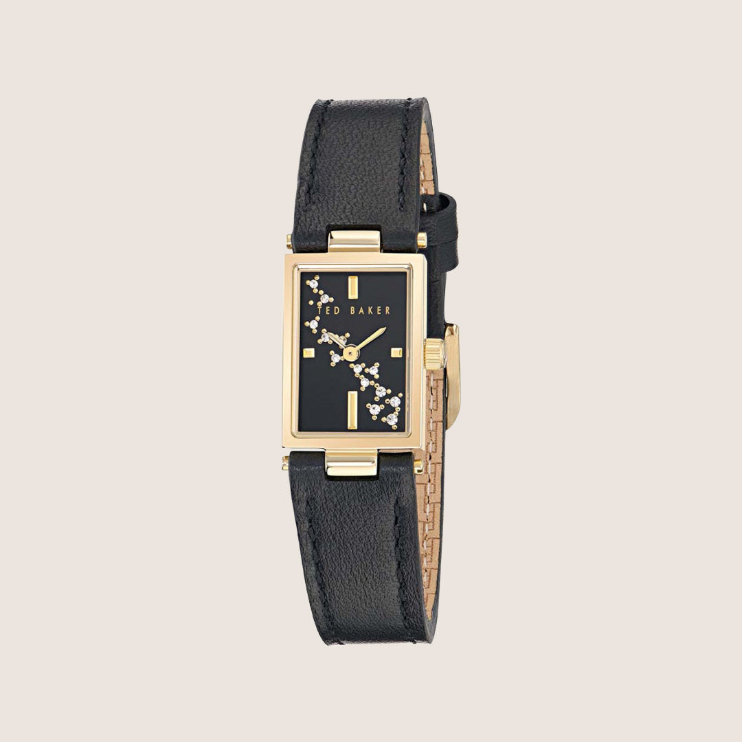 Ted Baker Ladies Lileey Gold Black Leather Strap Rectangle Watch BKPLLF503