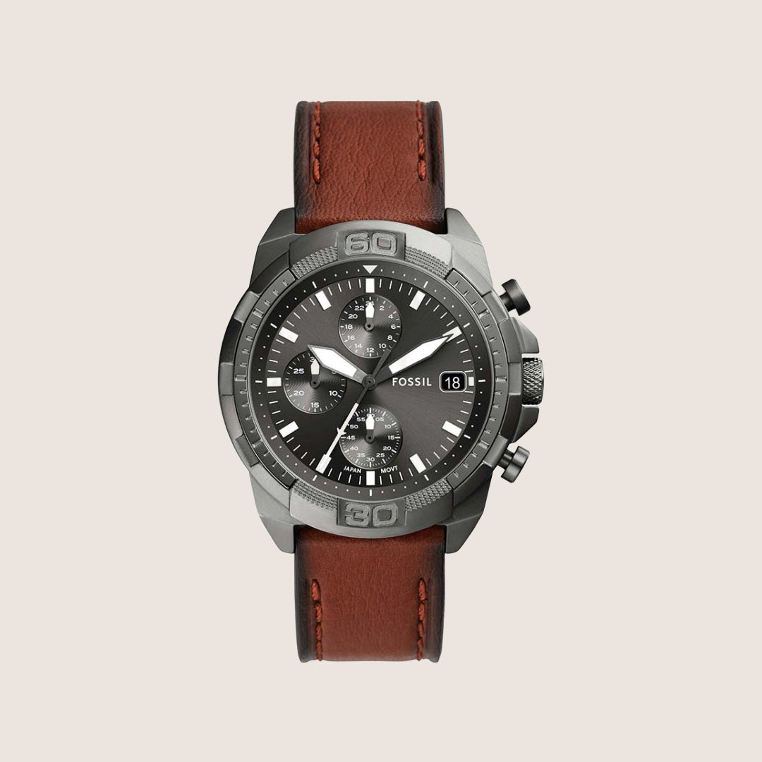 Fossil Mens Bronson Gunmetal Chronograph Leather Watch FS5855