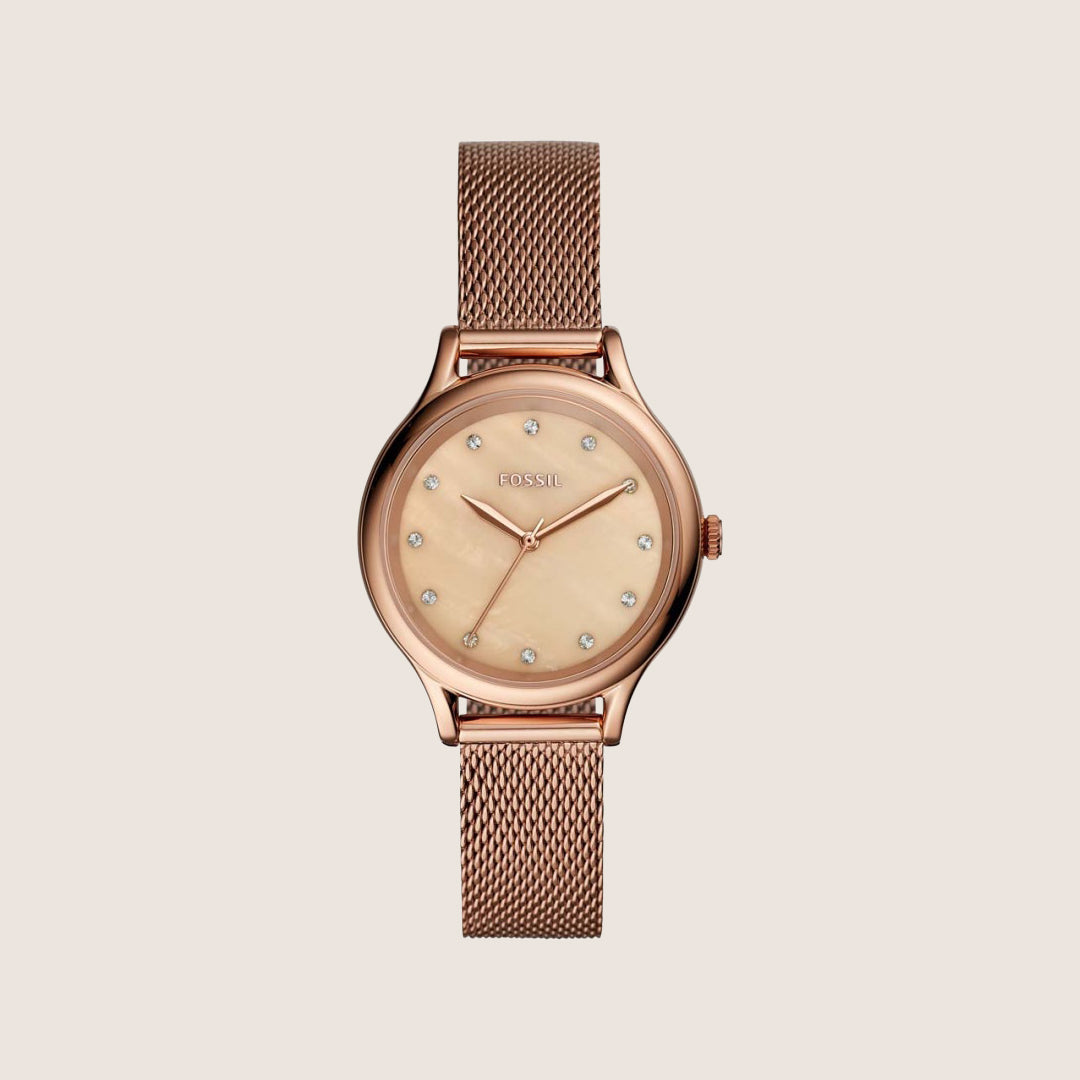 Fossil Women's Laney Rose Gold Mother-of-Pearl Crystal Bracelet Analogue Watch BQ3392