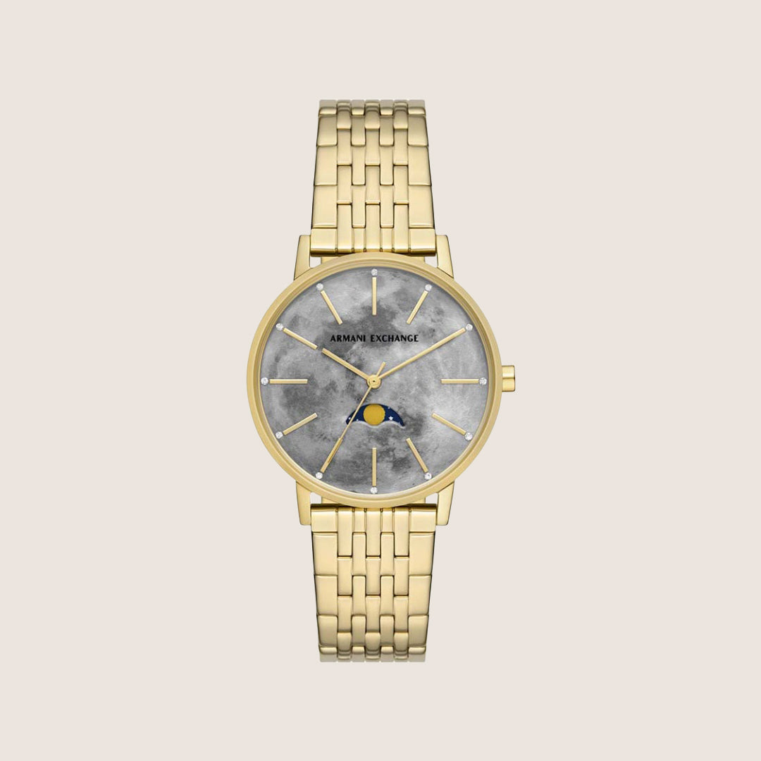 Armani Exchange Women's Dress Watch Gold Moonphase Grey Dial AX5586