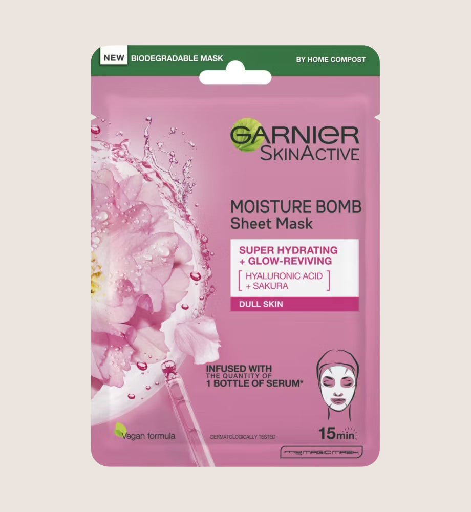 Garnier Moisture Bomb Sakura & Hyaluronic Acid Face Sheet Mask Hydrating & Glow Reviving With Hyaluronic Acid 28g