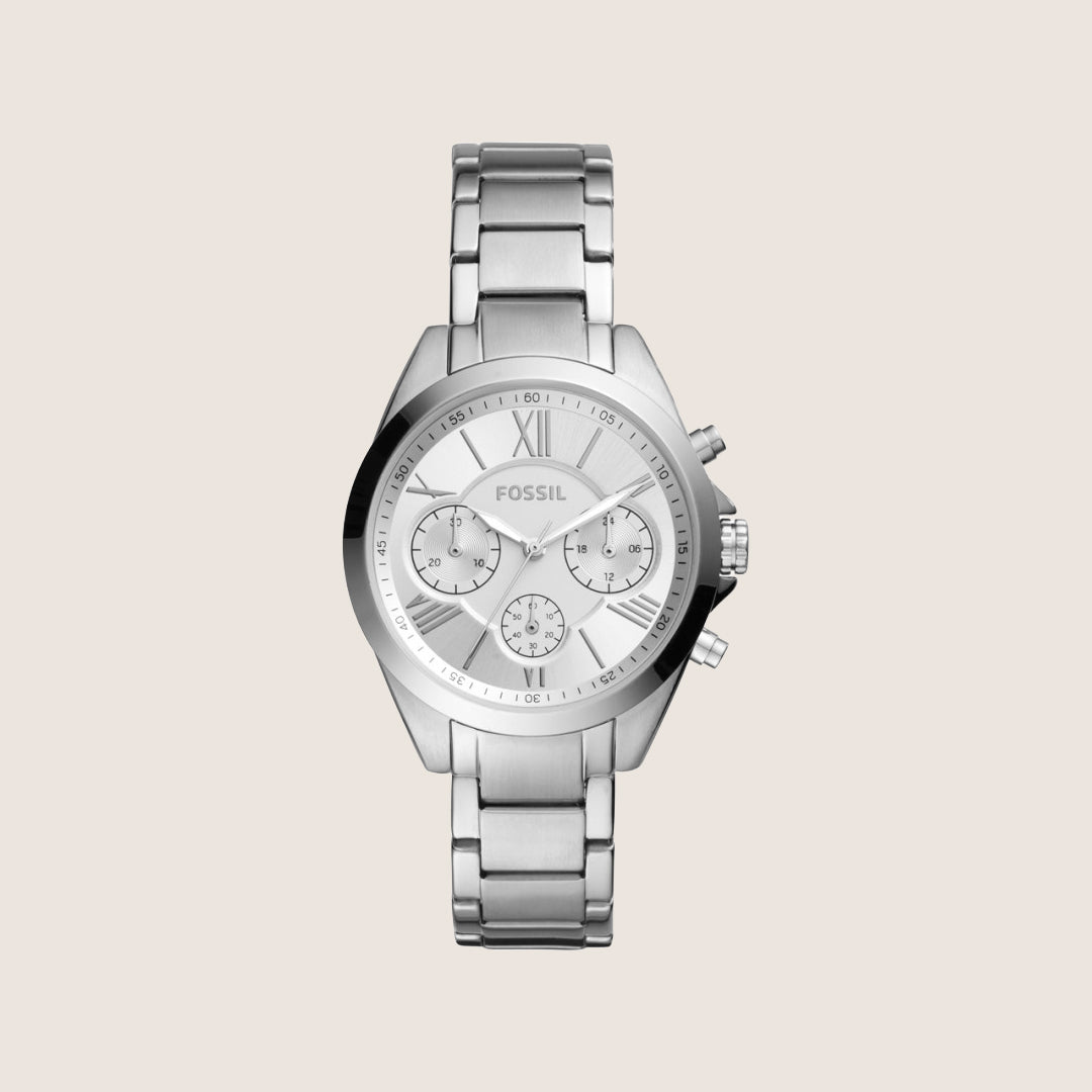 Fossil Women's Modern Courier Silver Chronograph Bracelet Analogue Watch BQ3035