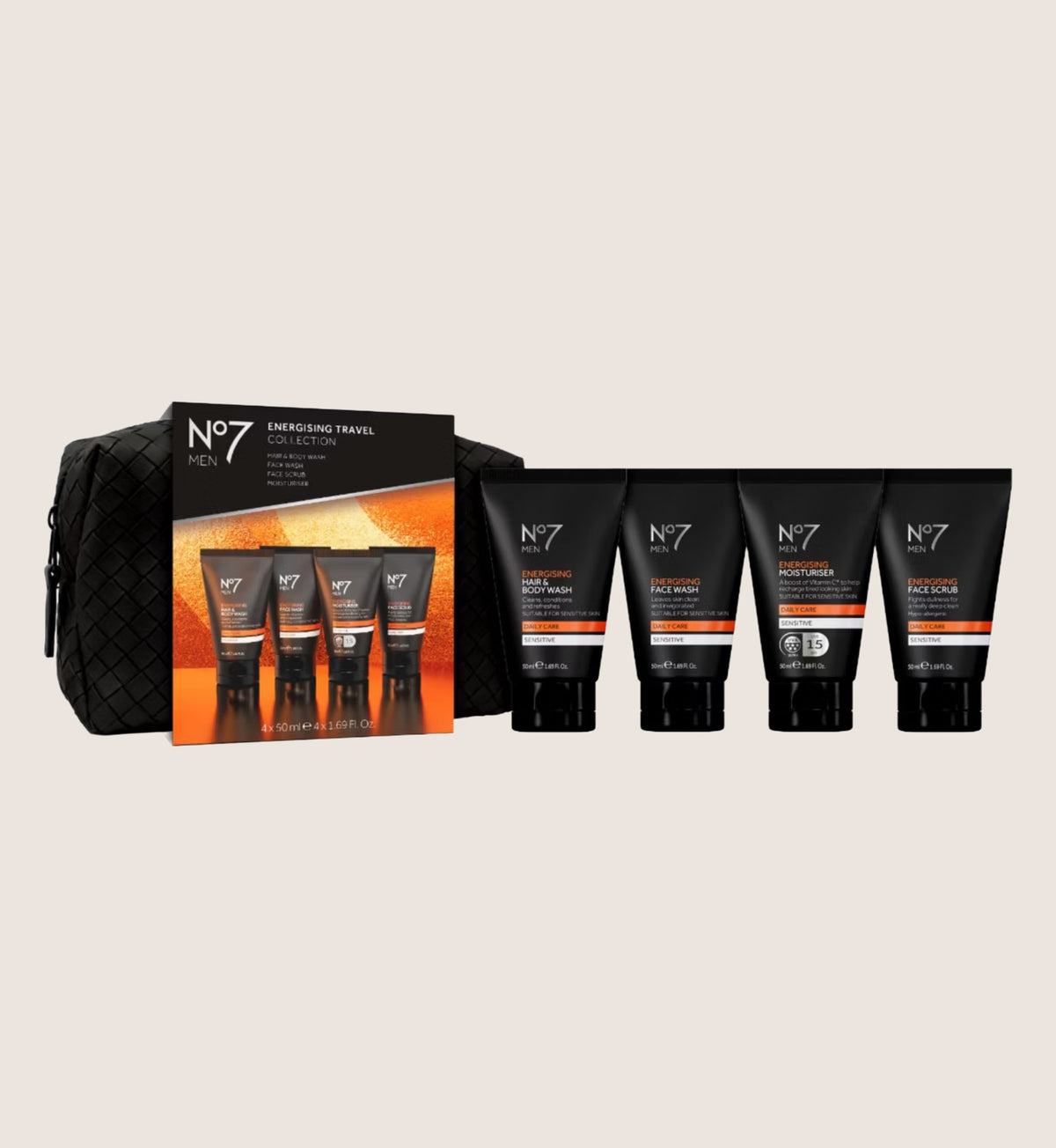 No7 Men Travel Collection Gift Set - 4 Piece Wash, Scrub & SPF15 Moisturiser with Travel Bag
