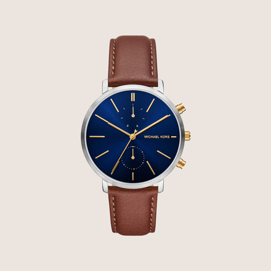 Michael Kors Men's Blake Blue Dial Silver Case Brown Leather Strap Watch MK9209