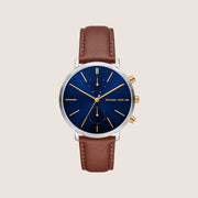 Michael Kors Men's Blake Blue Dial Silver Case Brown Leather Strap Watch MK9209