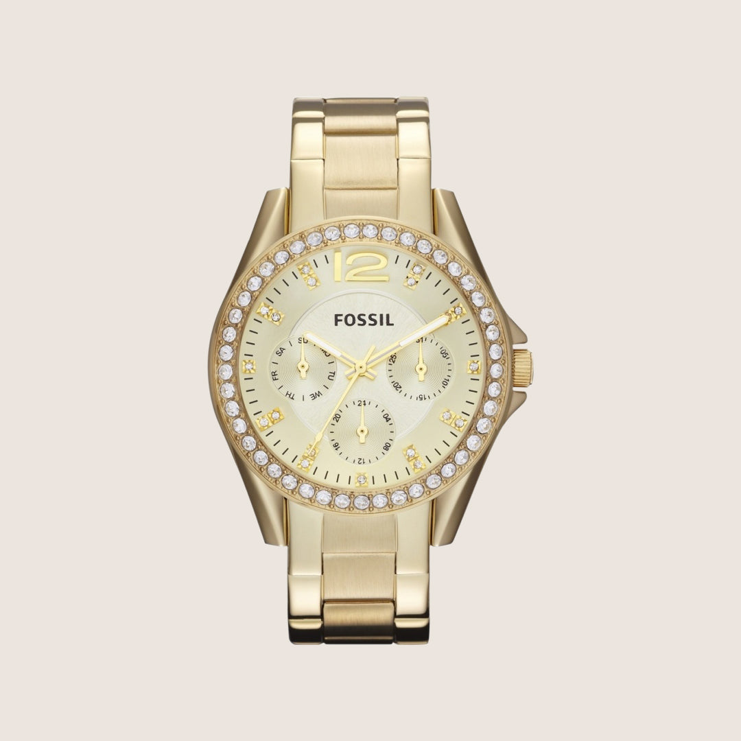 Fossil Women's Riley Gold Crystal Bracelet Day/Date Analogue Watch ES3203