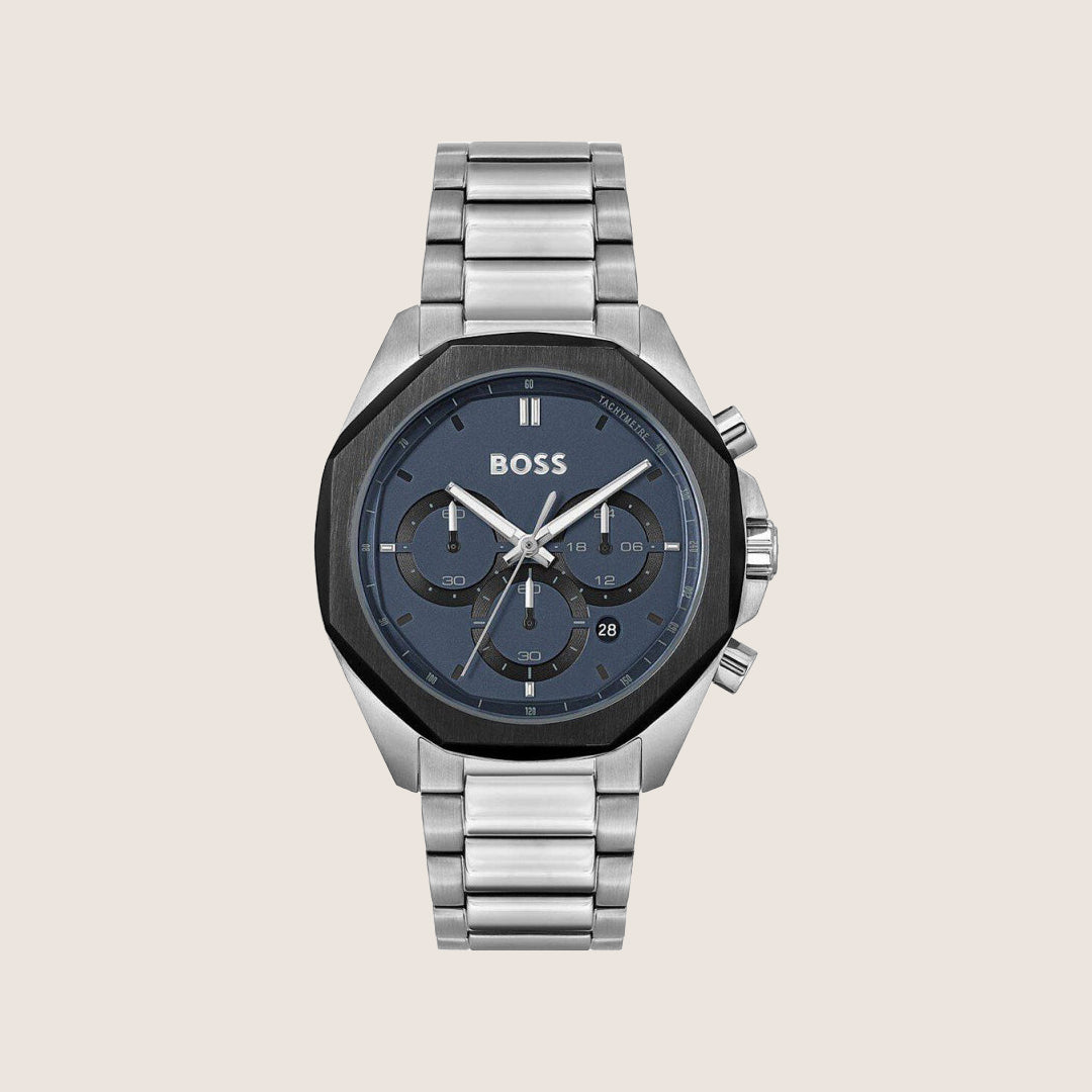 BOSS Men's Chronograph Blue Dial Tachymeter Silver Bracelet Watch 1514015