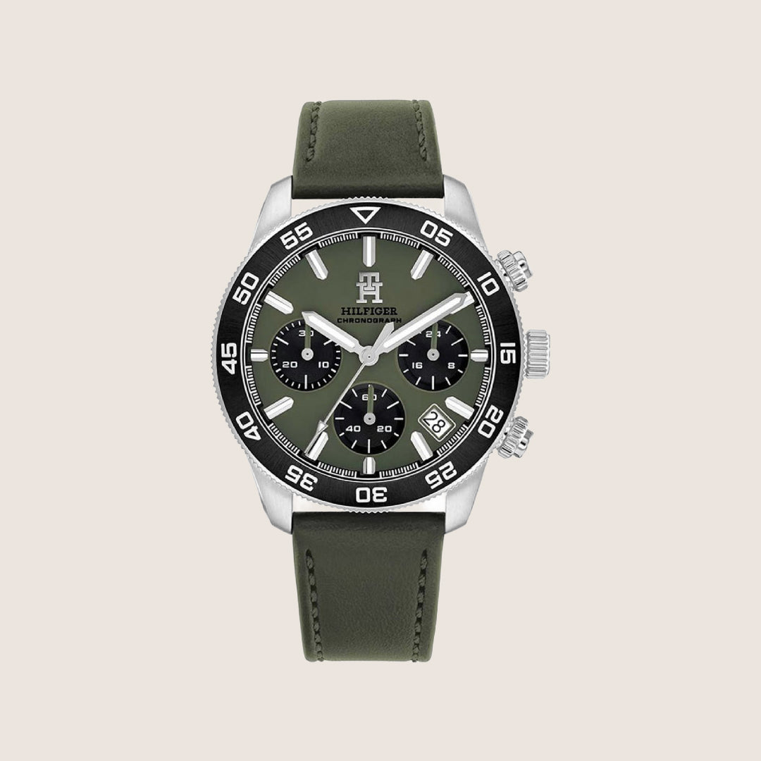 Tommy Hilfiger Men's Watch Green Chronograph Dial Leather Strap 1792188