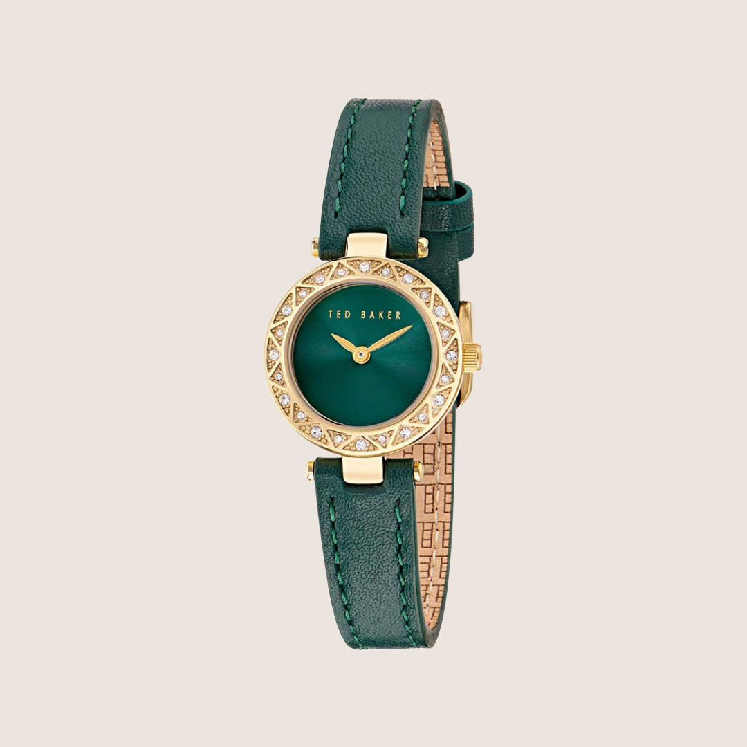 Ted Baker Ladies Jolyye Gold Green Crystal Leather Strap Watch BKPJLS501