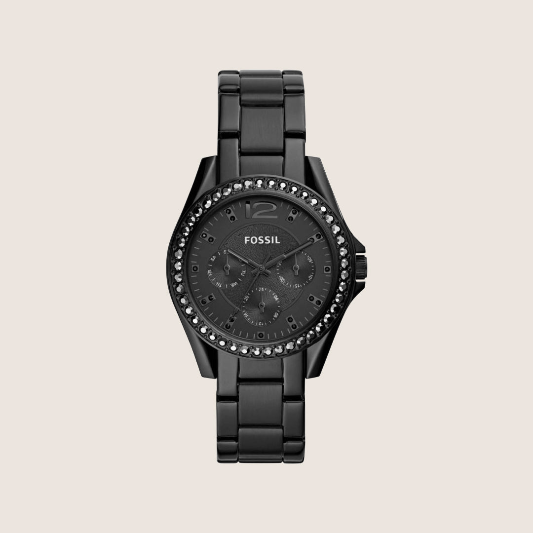 Fossil Women's Riley Black Bracelet Crystal Analogue Day/Date Watch ES4519