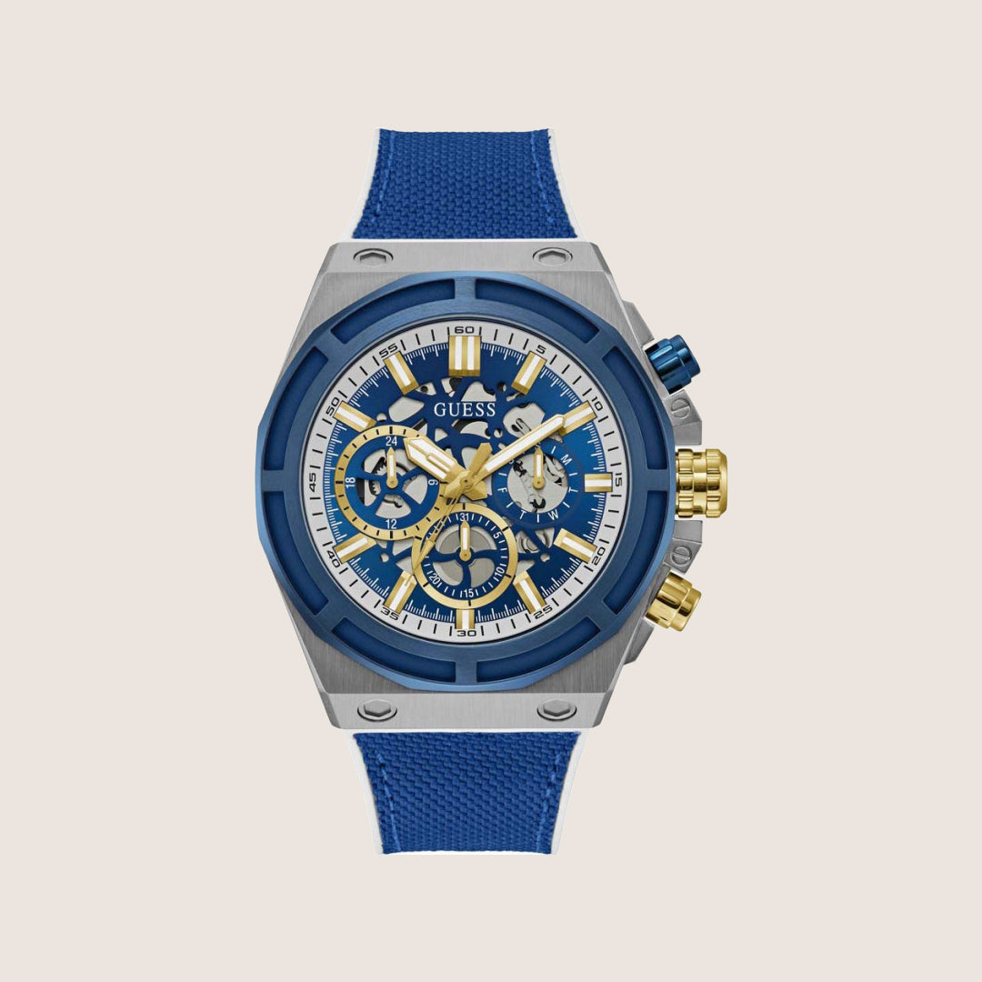 Guess Mens Masterpiece Watch Blue, Transparent Dial GW0713G1