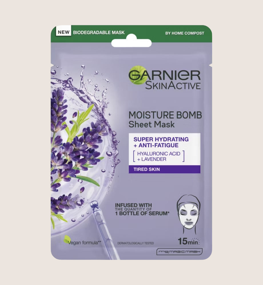 Garnier Moisture Bomb Lavender and Hyaluronic Acid Sheet Mask Hydrating & Relaxing Face Mask With Hyaluronic Acid 28g
