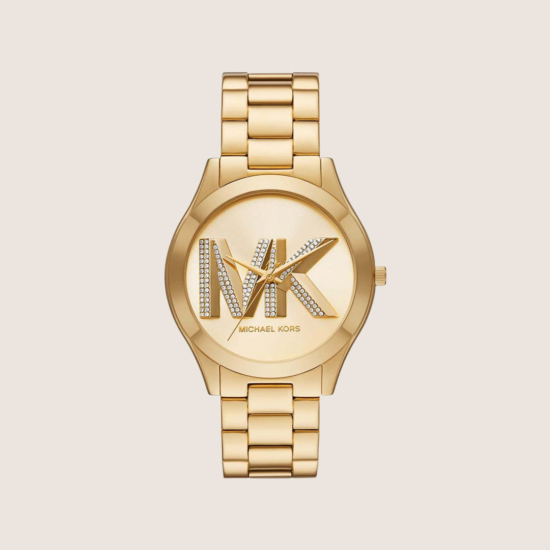 Michael Kors Women's Slim Runway Clear Stone-Set Gold Dial Watch MK4732
