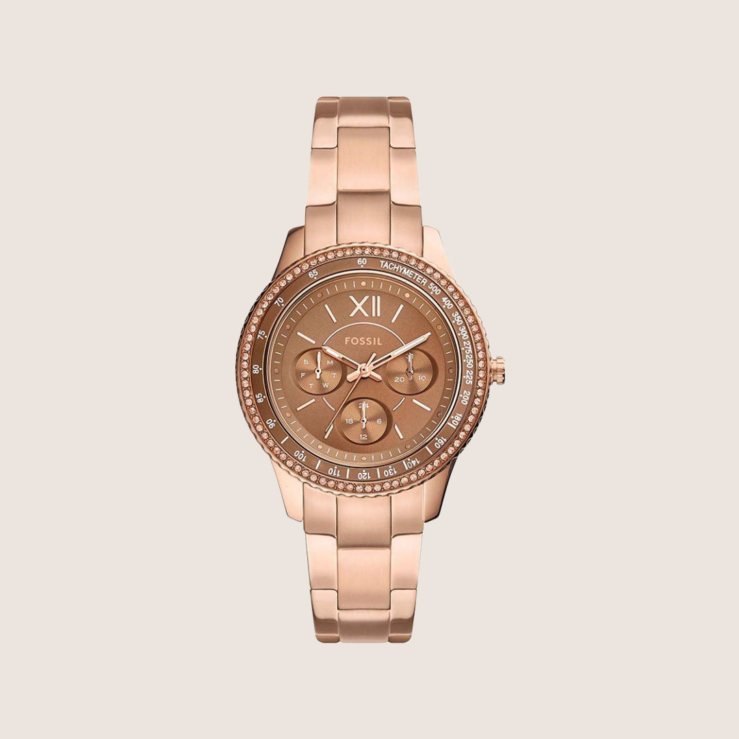 Fossil Women's Stella Rose Gold Tachymeter Bracelet Analogue Watch ES5109