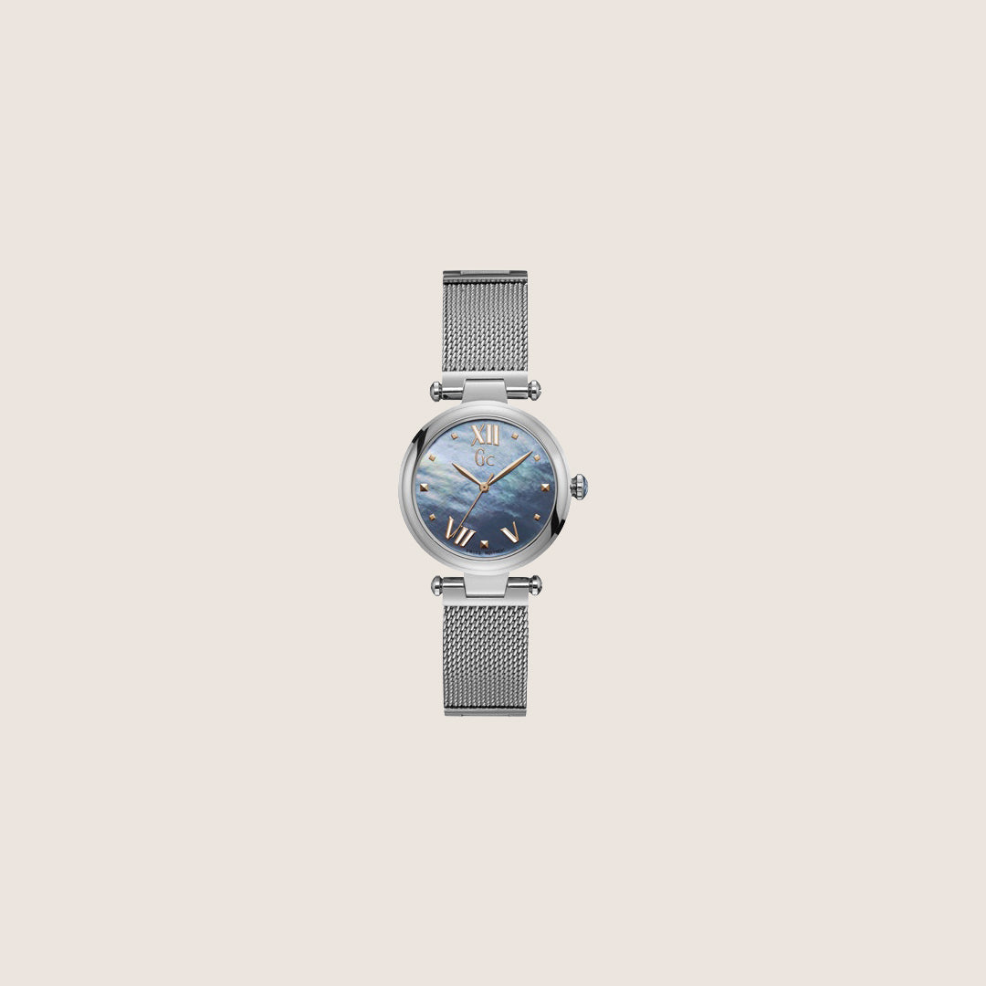 GC Ladies Silver Bracelet Blue Mother Of Pearl Dial Roman Numeral Watch Y31001L7