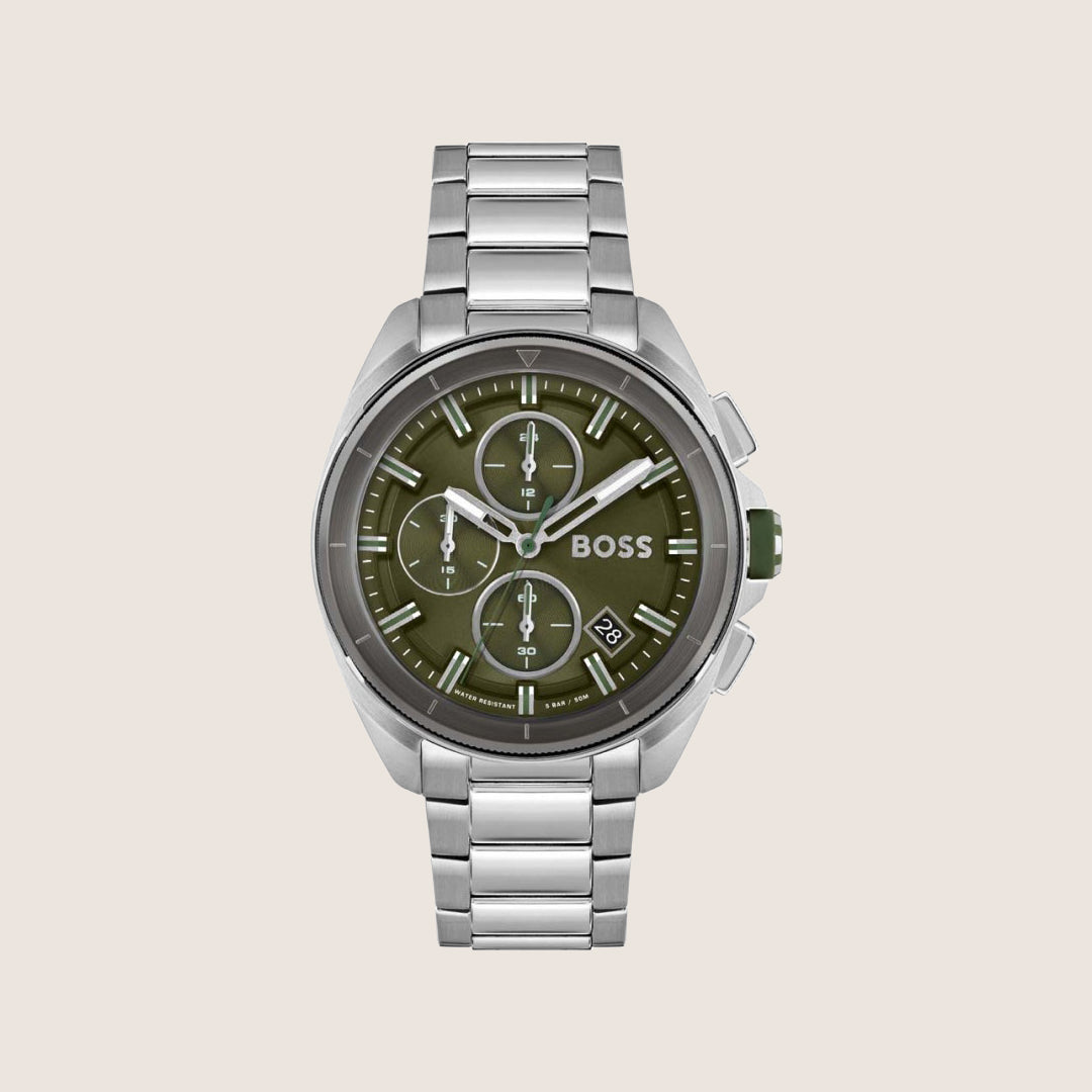 BOSS Men's Volane Chronograph Green Dial Silver Bracelet Watch 1513951