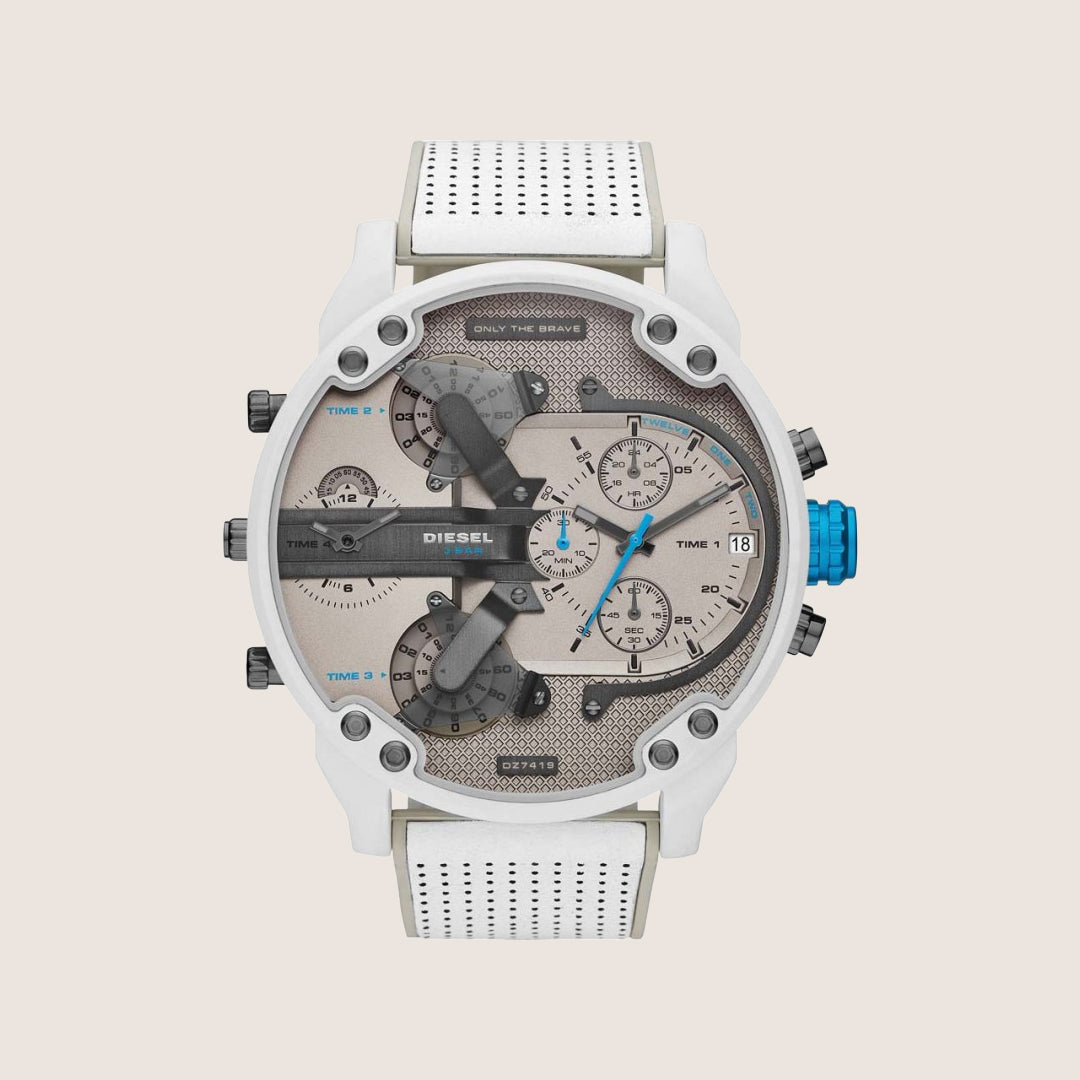 Diesel Mens Mr Daddy 2.0 Chronograph Beige Dial White Strap Watch DZ7419