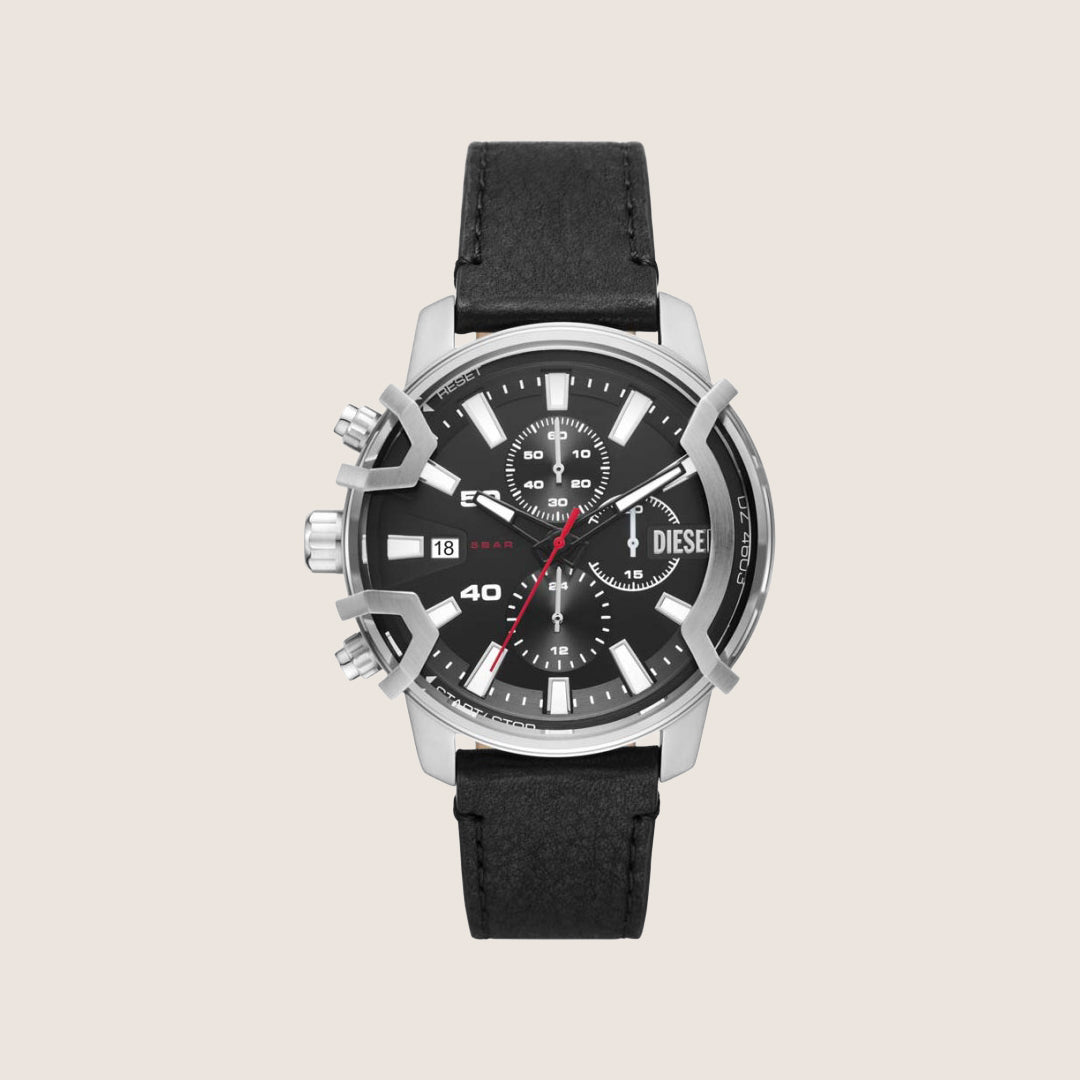 Diesel Mens Griffed Chronograph Black Dial Black Leather Strap Watch DZ4603