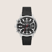 Diesel Mens Griffed Chronograph Black Dial Black Leather Strap Watch DZ4603