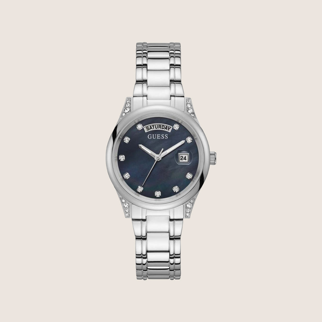 Guess Women's Aura Watch Crystals-Set Mother Of Pearl, Black Dial GW0047L1