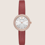 Emporio Armani Bold Red Leather Strap Silver Dial Ladies Watch AR11438