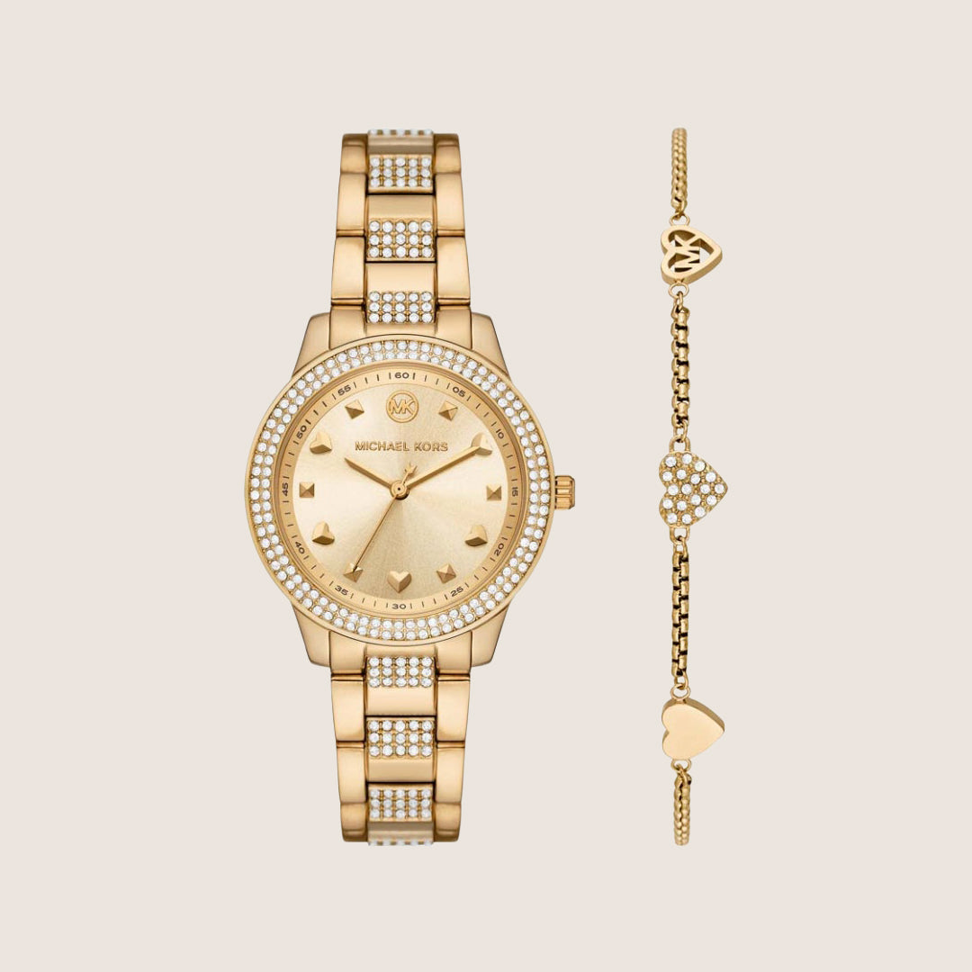 Michael Kors Women's Tibby Clear Stone-Set Gold Dial Watch MK1071SET