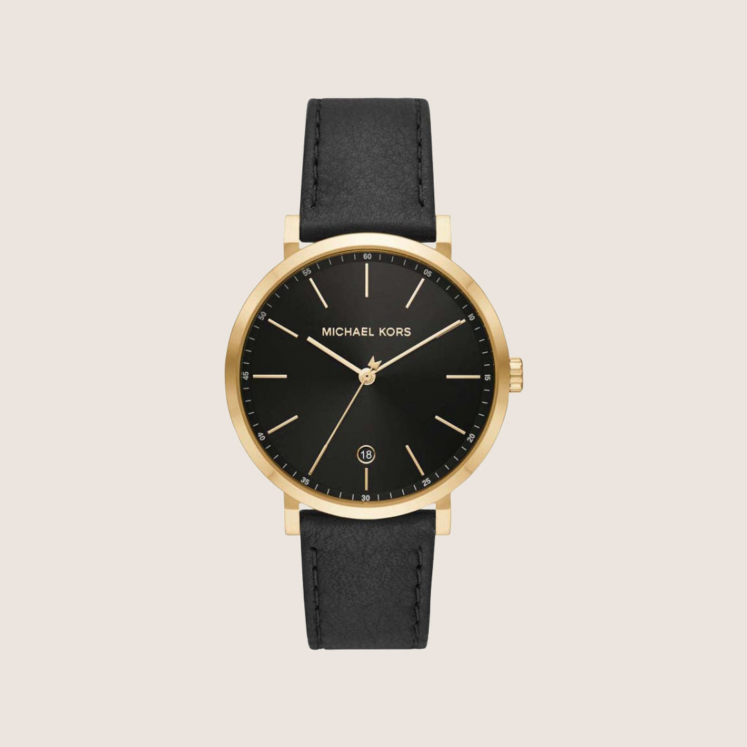 Michael Kors Men's Irving Black Dial Gold Case Black Leather Strap Watch MK8737