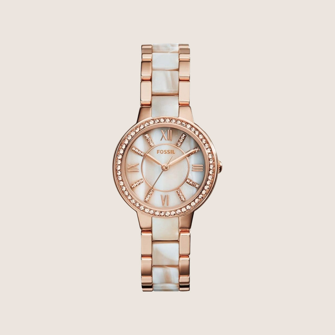 Fossil Women's Virginia Rose Gold Mother-of-Pearl Two-Tone Bracelet Watch ES3716