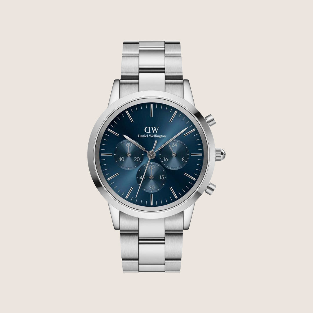 Daniel Wellington Mens Iconic Chronograph Silver Blue Dial 42mm Watch DW00100...