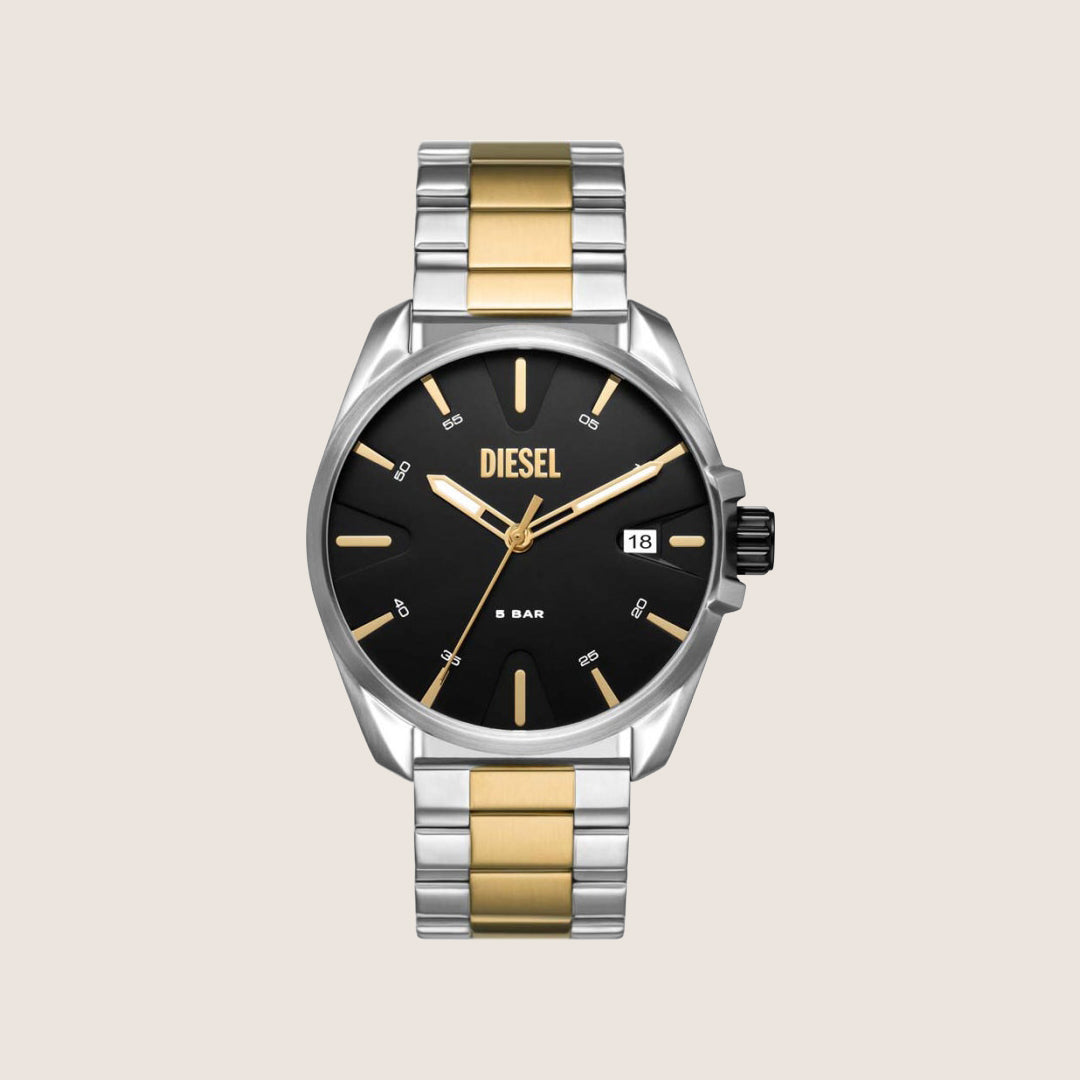 Diesel Mens MS9 Analogue Black Dial Two-Tone Steel Bracelet Watch DZ2196