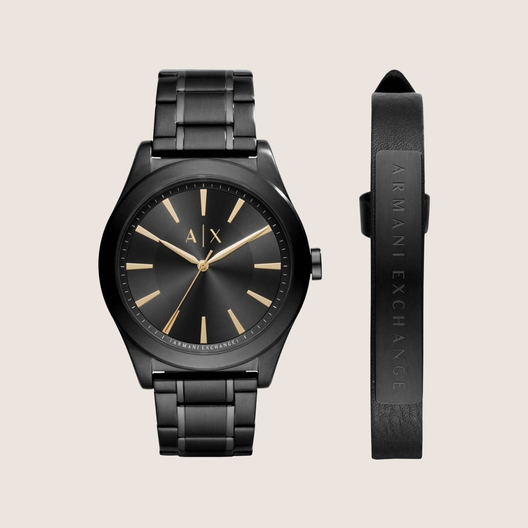 Armani Exchange Men's Dress Watch & Bracelet Gift Set Black Steel AX7102