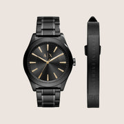 Armani Exchange Men's Dress Watch & Bracelet Gift Set Black Steel AX7102