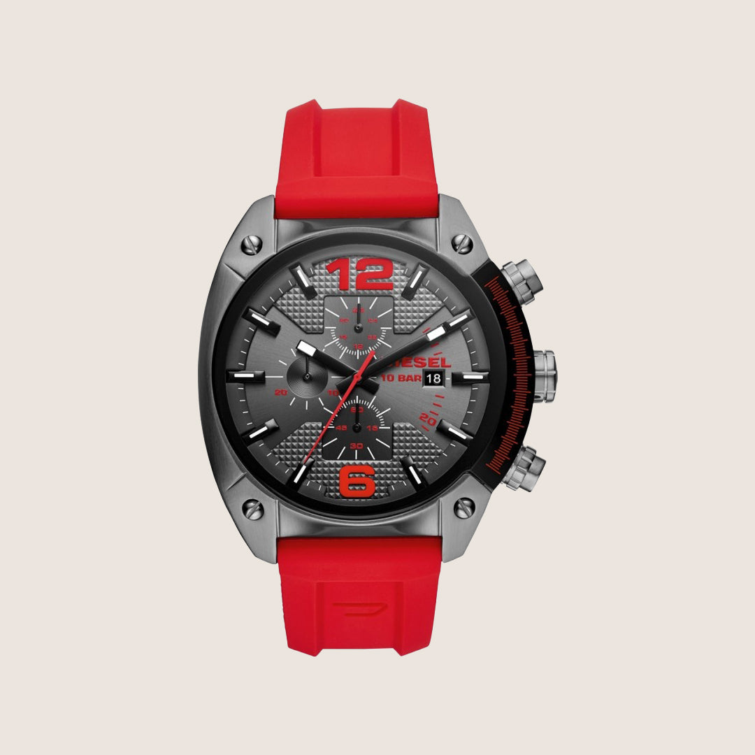 Diesel Mens Overflow Chronograph Gunmetal Dial Red Silicone Strap Watch DZ4481
