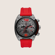 Diesel Mens Overflow Chronograph Gunmetal Dial Red Silicone Strap Watch DZ4481