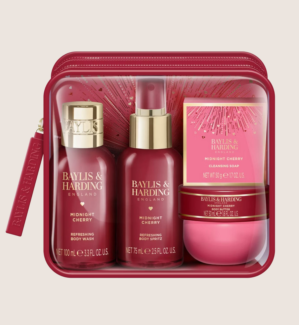 Baylis & Harding Midnight Cherry Luxury Travel Wash Bag Bath & Body Gift Set For Her