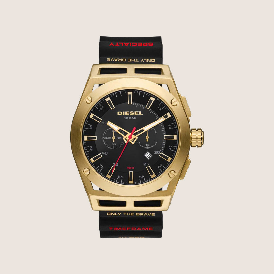 Diesel Mens Timeframe Chronograph Black Dial Gold Case Silicone Strap Watch DZ4546