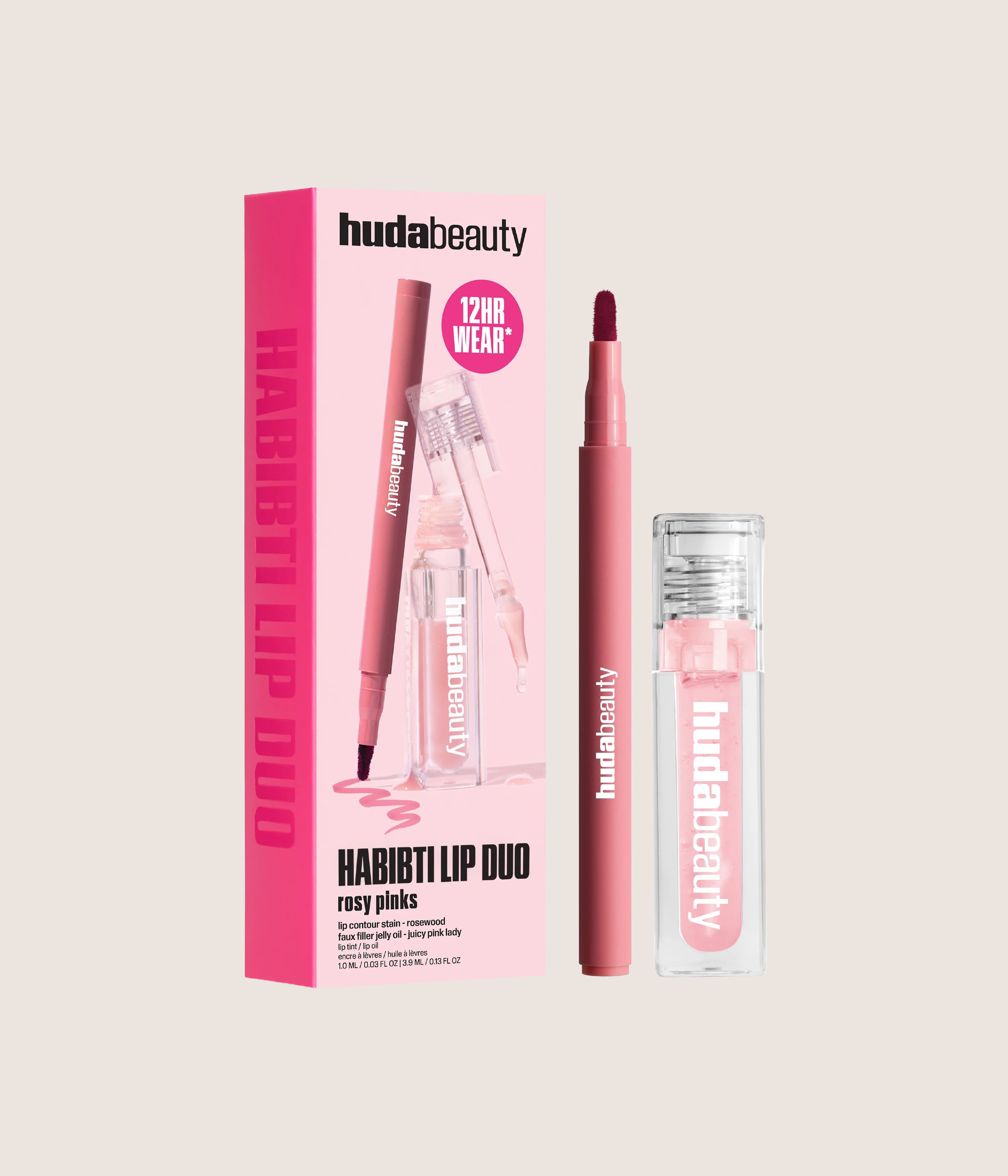 Huda Beauty Habibti Rosy Pink Lip Duo Limited-Edition Ramadan Lip Contour Stain & Jelly Oil Kit