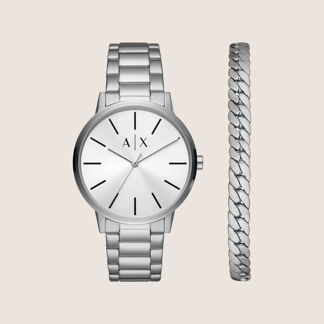 Armani Exchange Men's Dress Watch & Bracelet Gift Set Silver Steel AX7138SET
