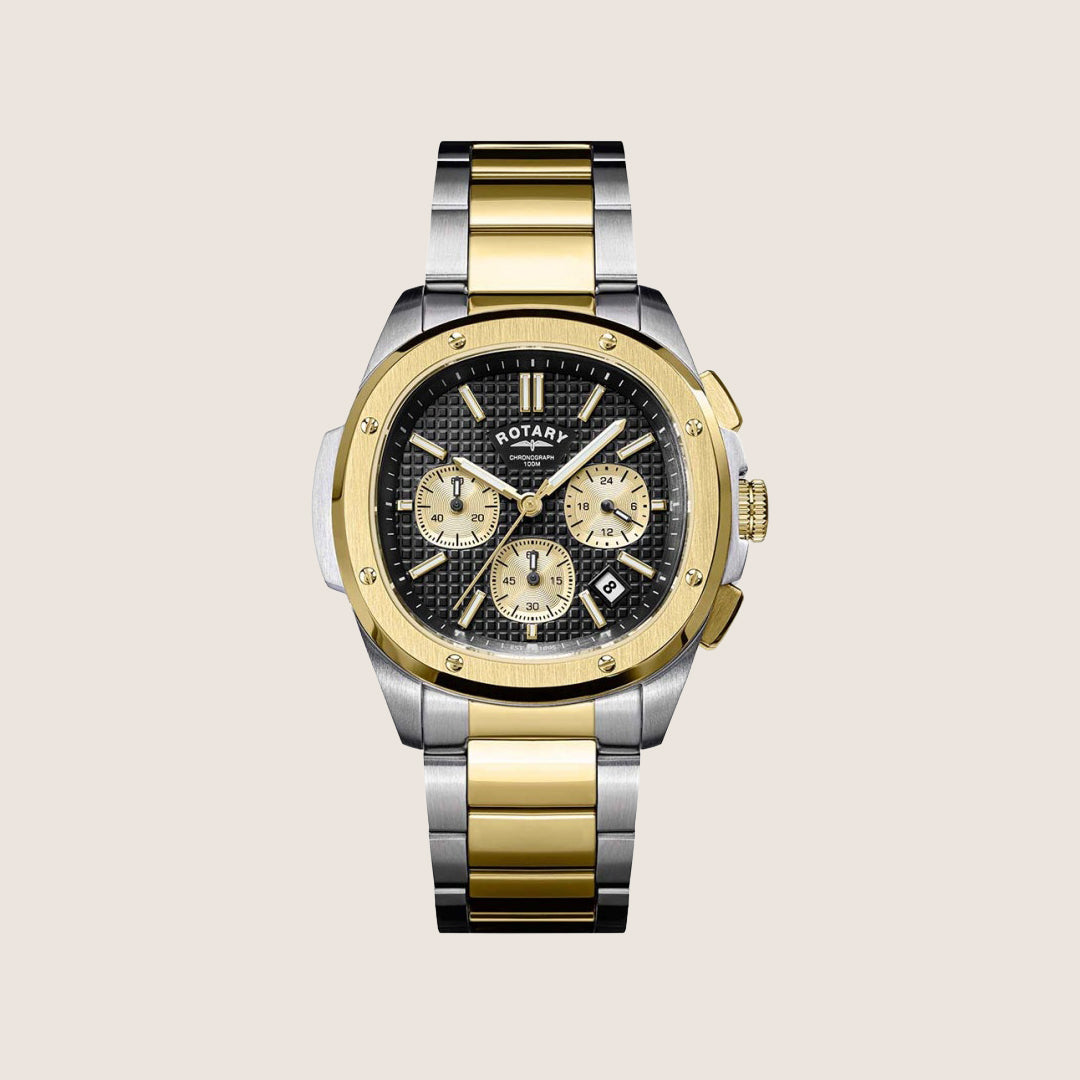 Rotary Mens Apex 100 Chronograph Black Dial Two-Tone Bracelet Sport Watch RGB10032-04