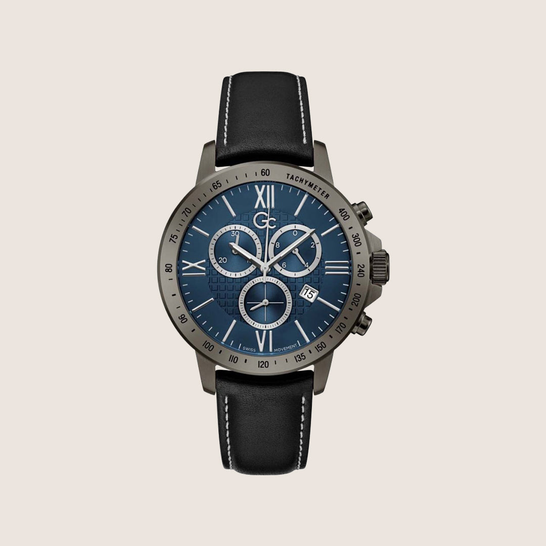 GC Men's PrimeTime Chronograph Blue Dial Gunmetal Case Leather Watch Y91003G7MF