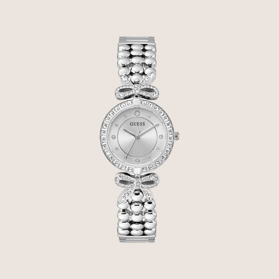 Guess Women's Ribbon Watch Crystals-Set Silver Dial GW0838L1