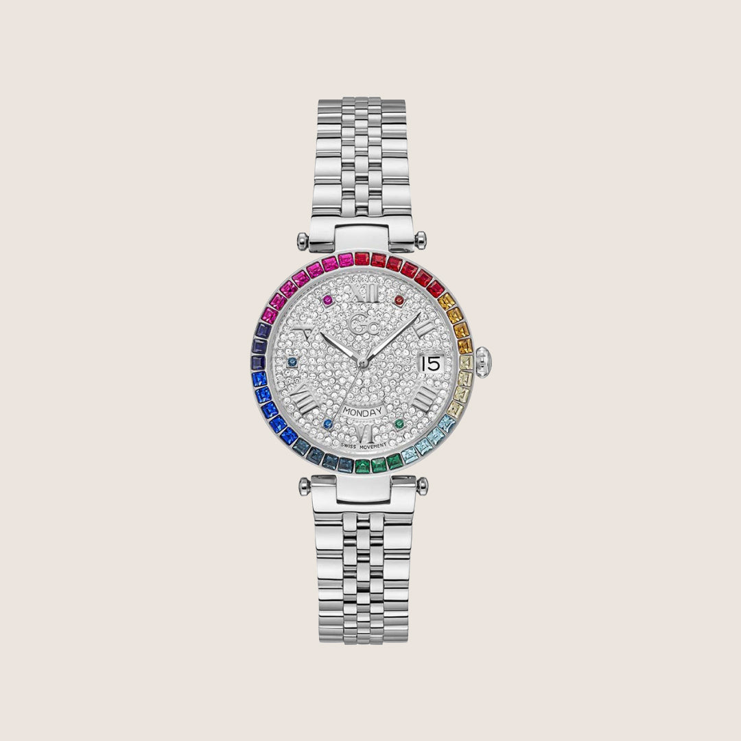 GC Ladies Flair Silver Bracelet Multi-Stone White Dial Day Date Watch Z01012L1MF